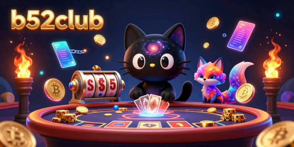 b52club's cosmic casino adventure with a black hole cat and colorful fox, pulling in golden chips.
