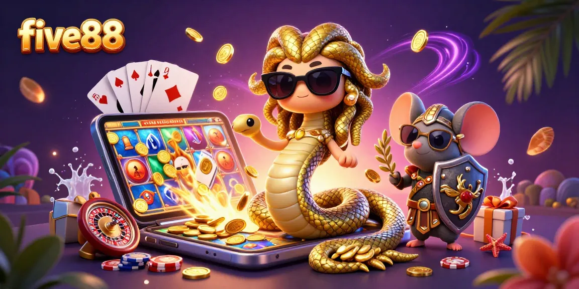 Spin colorful slot games at five88 with golden coins and friendly characters in a vibrant casino setting.