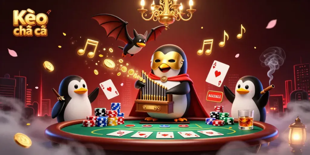 Kèo nhà cái illustration showing a penguin in a golden mask playing an organ as poker elements surround it.