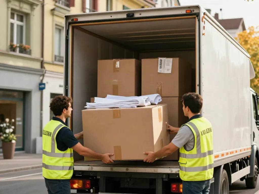 Déménageur Lausanne : Équipe de déménagement professionnelle chargeant des cartons dans un camion à Lausanne.