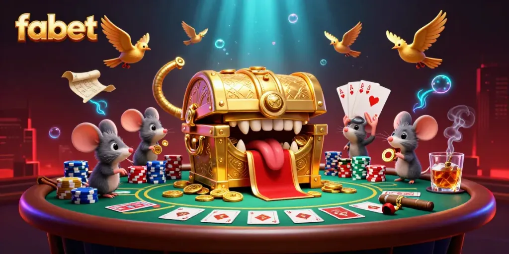 Engage with fabet as adventurer mice are tempted by a golden treasure chest in a vibrant casino scene.