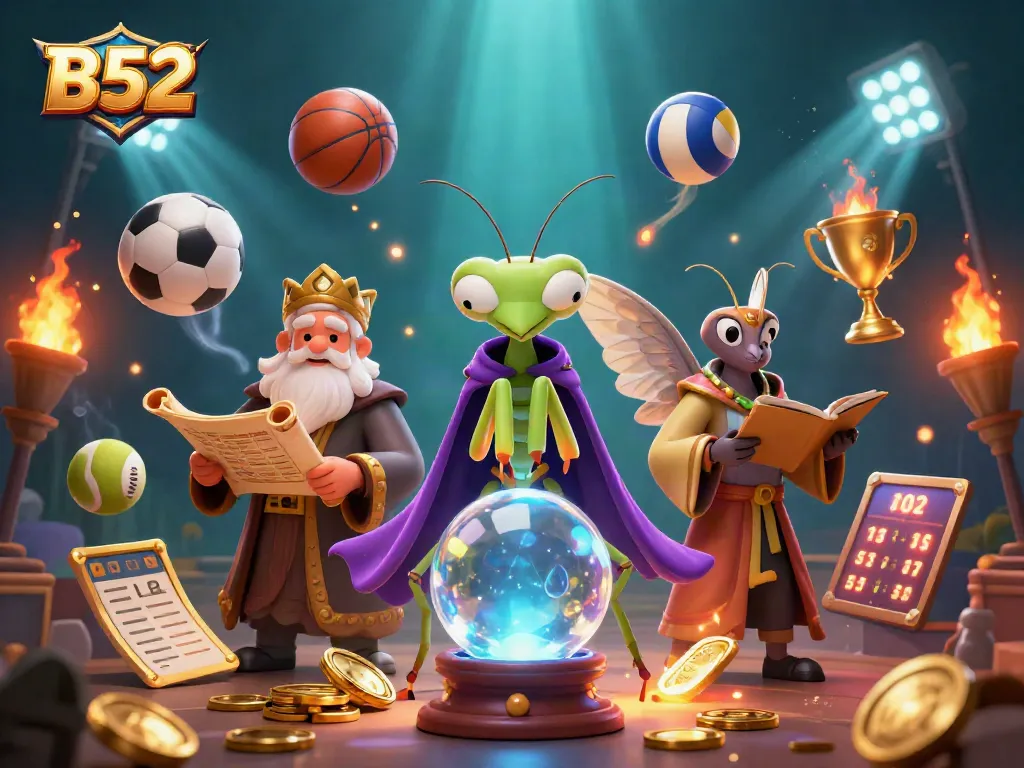 B52 interactive gaming illustration featuring cartoon characters surrounded by dynamic sports elements and glowing casino visuals.