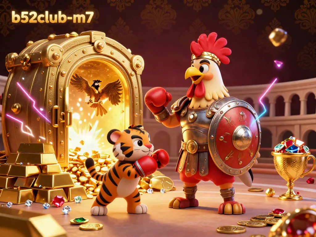 Experience thrilling gameplay at b52club-m7 with a vibrant casino scene featuring characters and golden treasures.