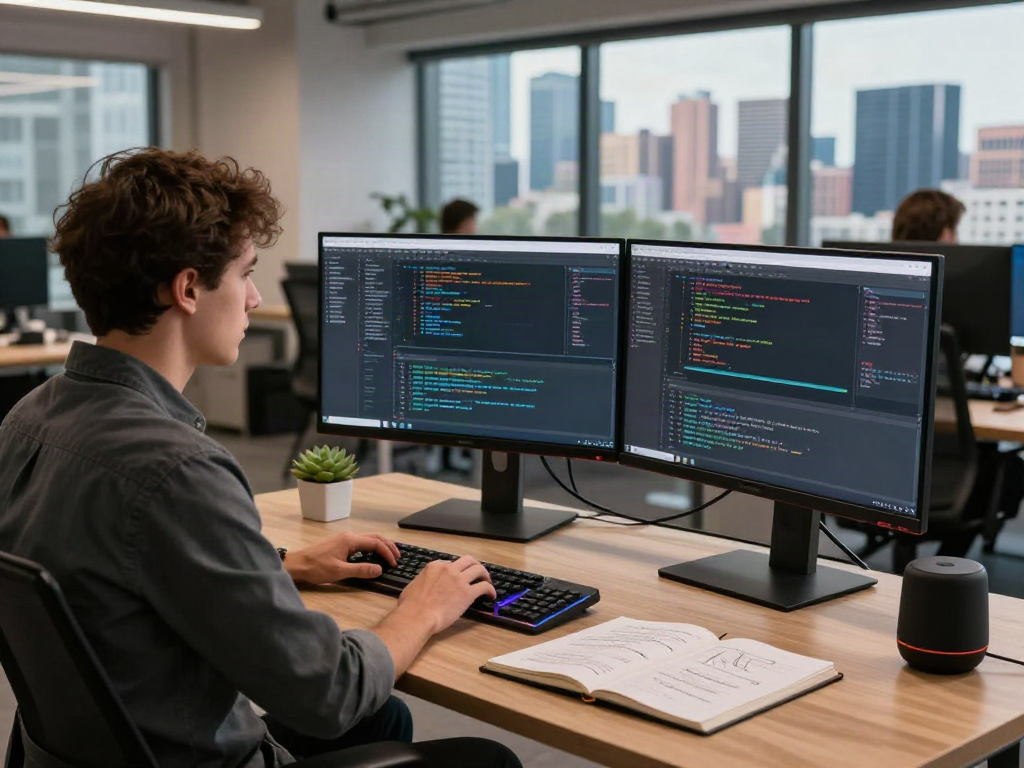 Développeur à son bureau utilisant Atlas pro dans un environnement de travail moderne avec ordinateurs et éclairage naturel.