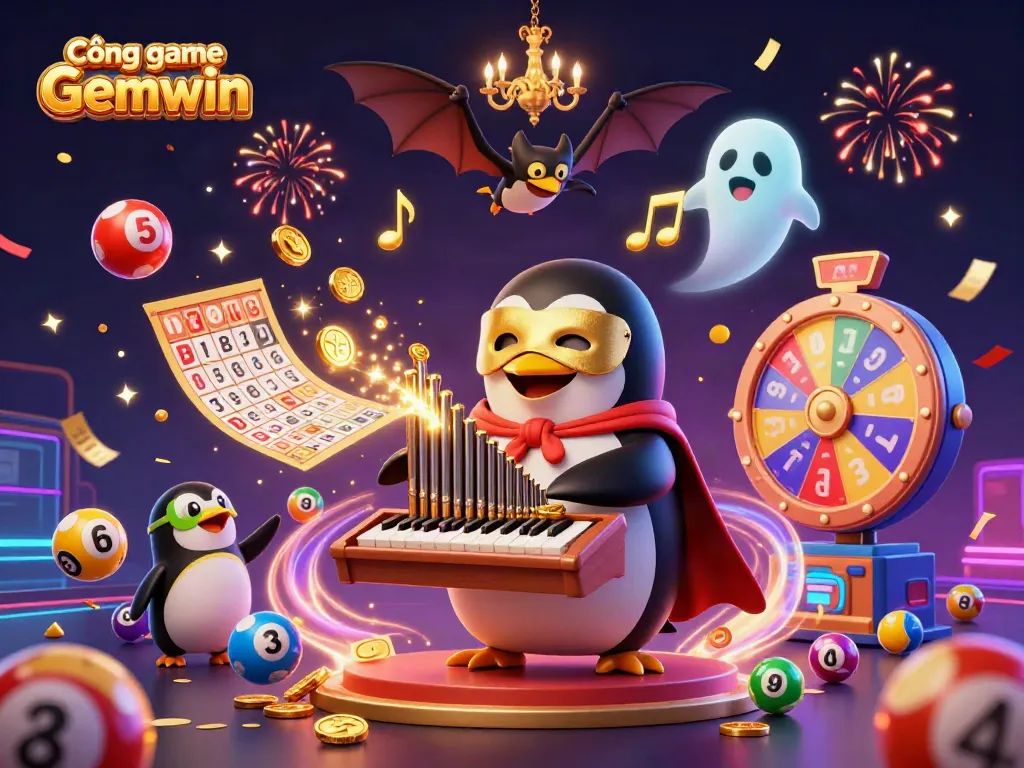 Cổng game Gemwin showcases an immersive 3D illustration with a whimsical penguin character amid dynamic gambling elements and vibrant colors.