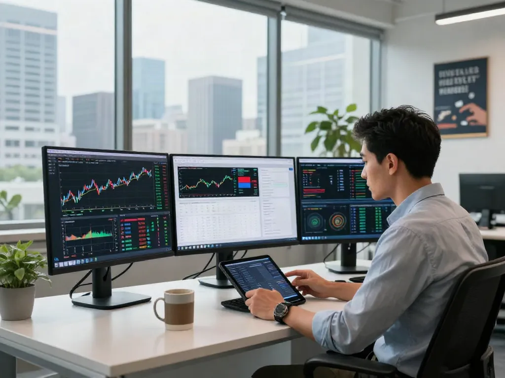 Vue d'un trader sur la plateforme la-essorinvexaro.com, analysant des graphiques de trading avec des outils d'automatisation dans un bureau moderne.