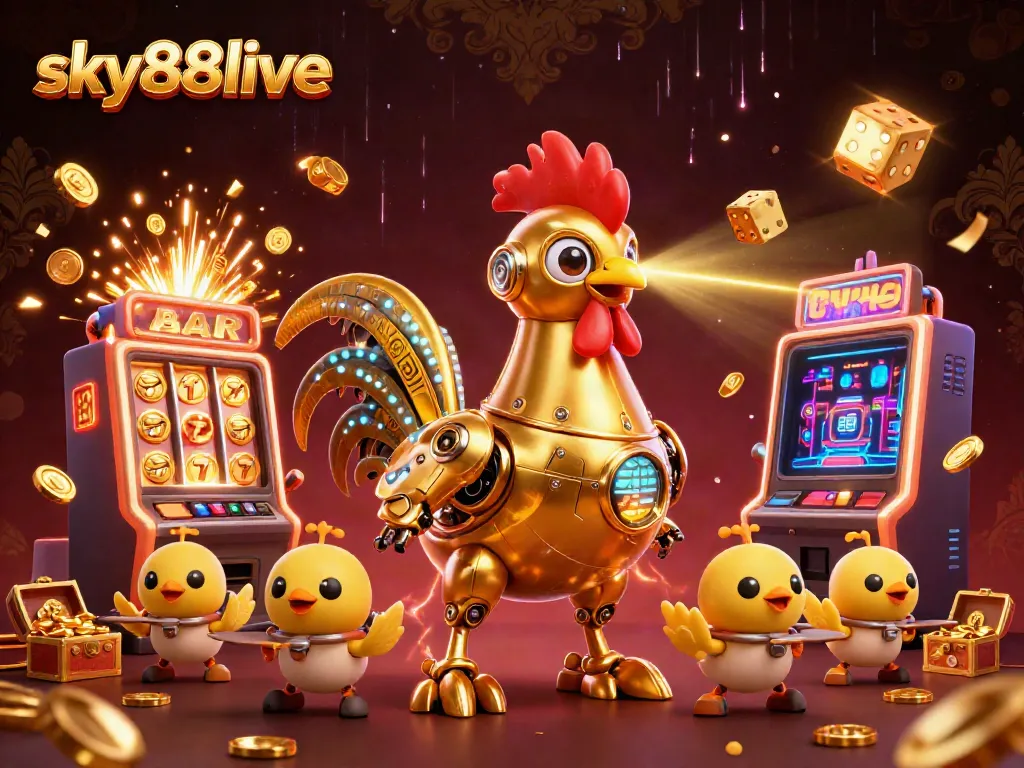 Engage in thrilling gameplay at sky88live with a futuristic golden rooster robot and baby chick drones amidst a jackpot explosion.