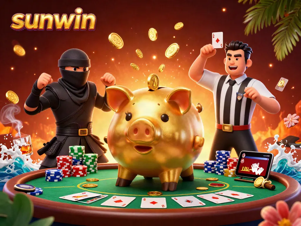 Experience the excitement of sunwin as a golden piggy bank sumo wrestler stomps coins while opponents engage in poker.