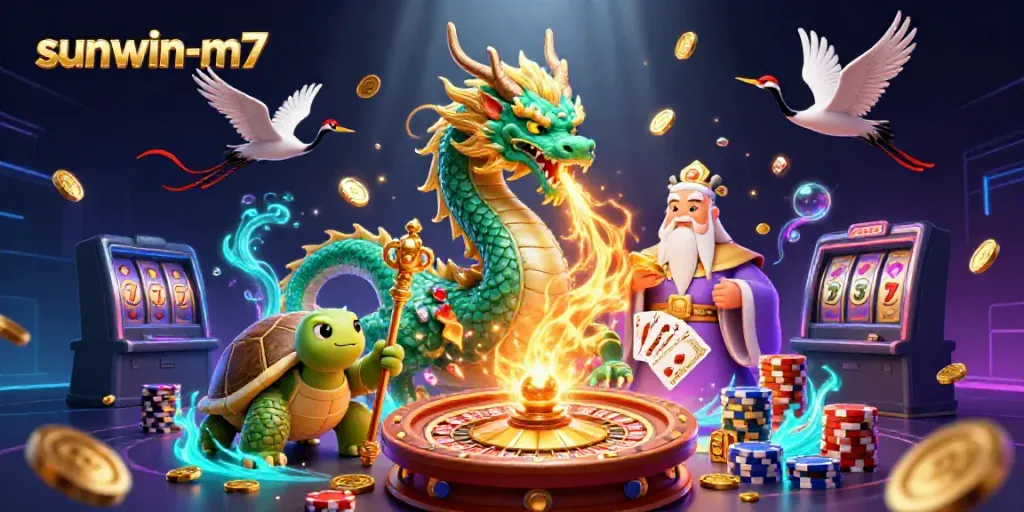 Experience sunwin-m7's vibrant casino action featuring a jade dragon and lucky symbols.