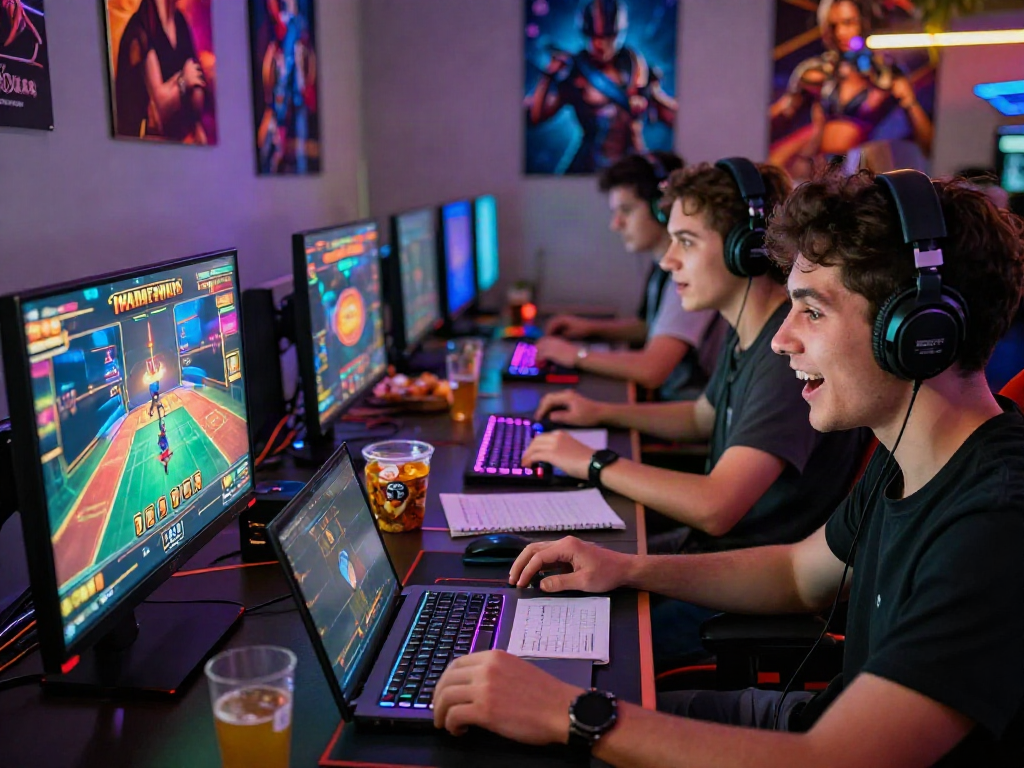 Scène de jeu en ligne avec des joueurs profitant de casino en ligne argent réel dans une ambiance festive.