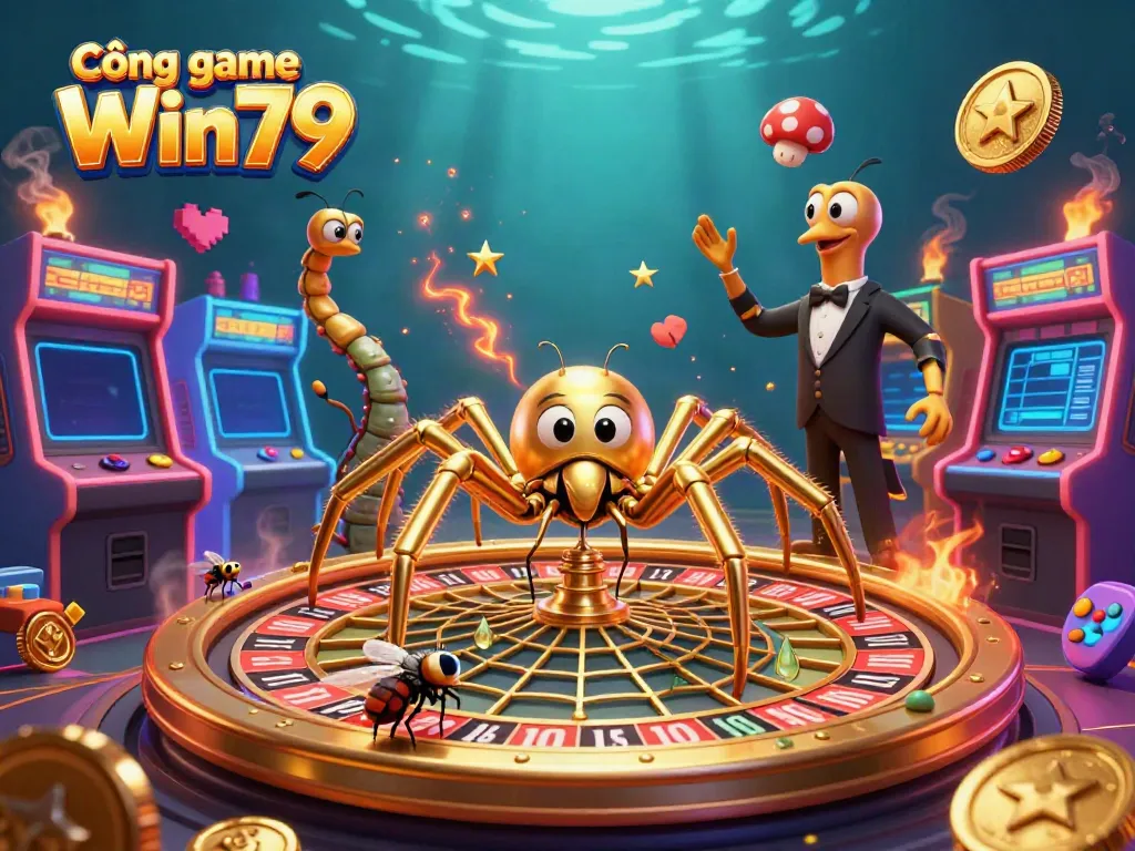Experience Cổng game Win79 with a vibrant 3D casino scene featuring a golden spider and colorful game elements.