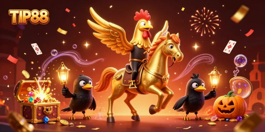 Experience the excitement of TIP88 in this vibrant casino scene with a golden rooster and friends.