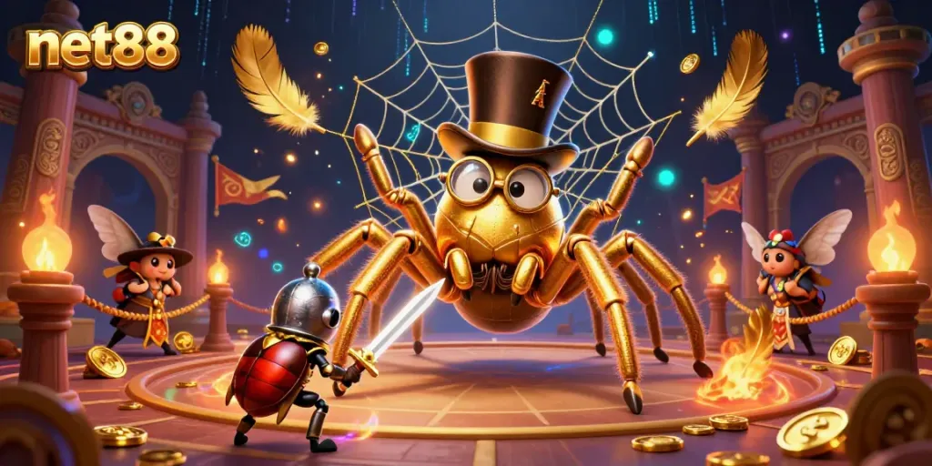 Engage in thrilling gameplay with net88, showcasing a dynamic scene of a golden tarantula and beetle knight amidst a casino atmosphere.