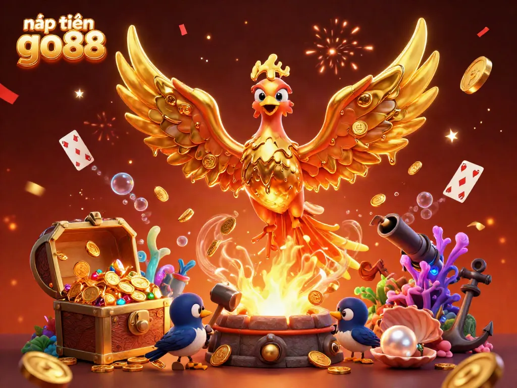 Engage with "nạp tiền go88" in a rich, dynamic casino scene overflowing with gold coins and gaming excitement.