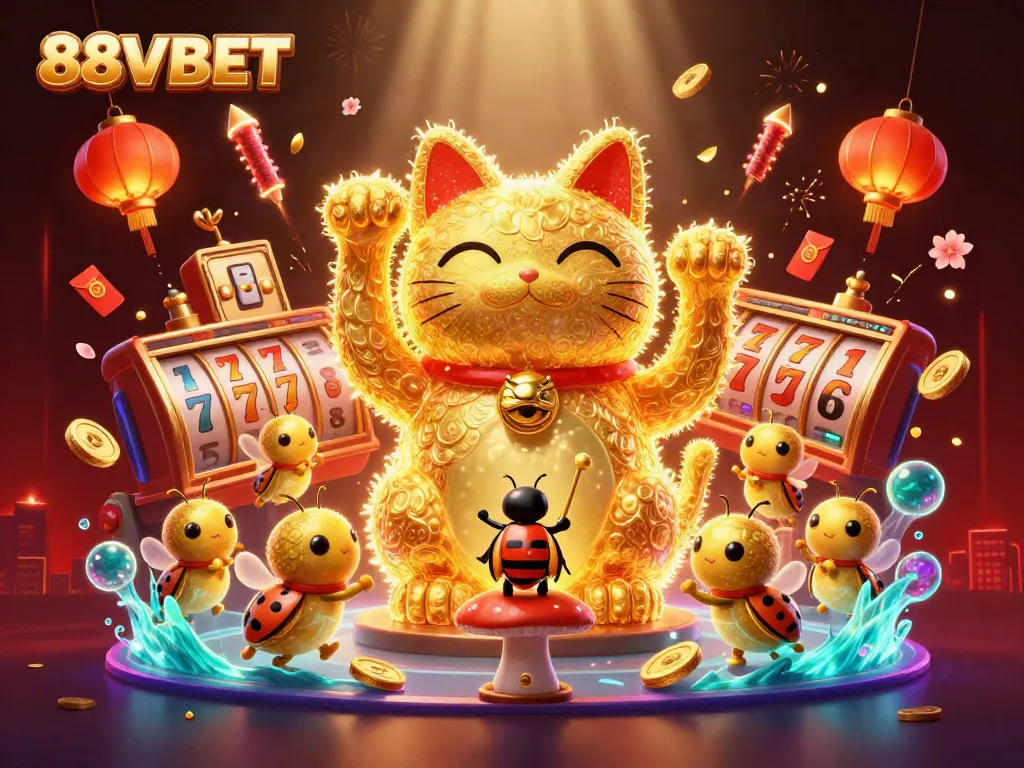 Experience the excitement of 88VBET with a vibrant scene of lucky symbols and a waving lucky cat illustration.