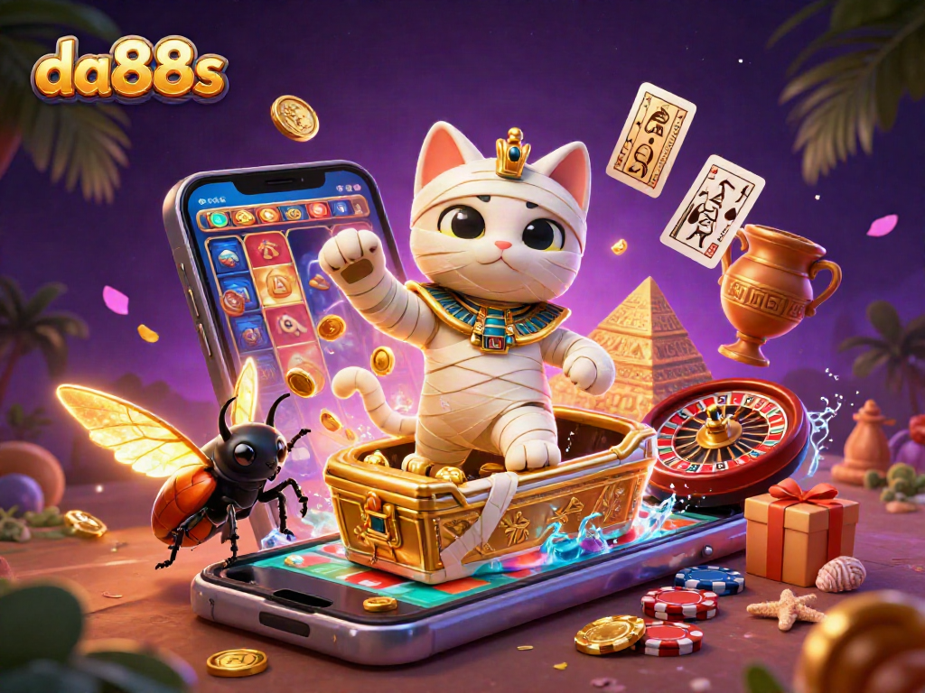 Experience da88s in a vibrant casino scene with an Egyptian mummy cat and gaming excitement.