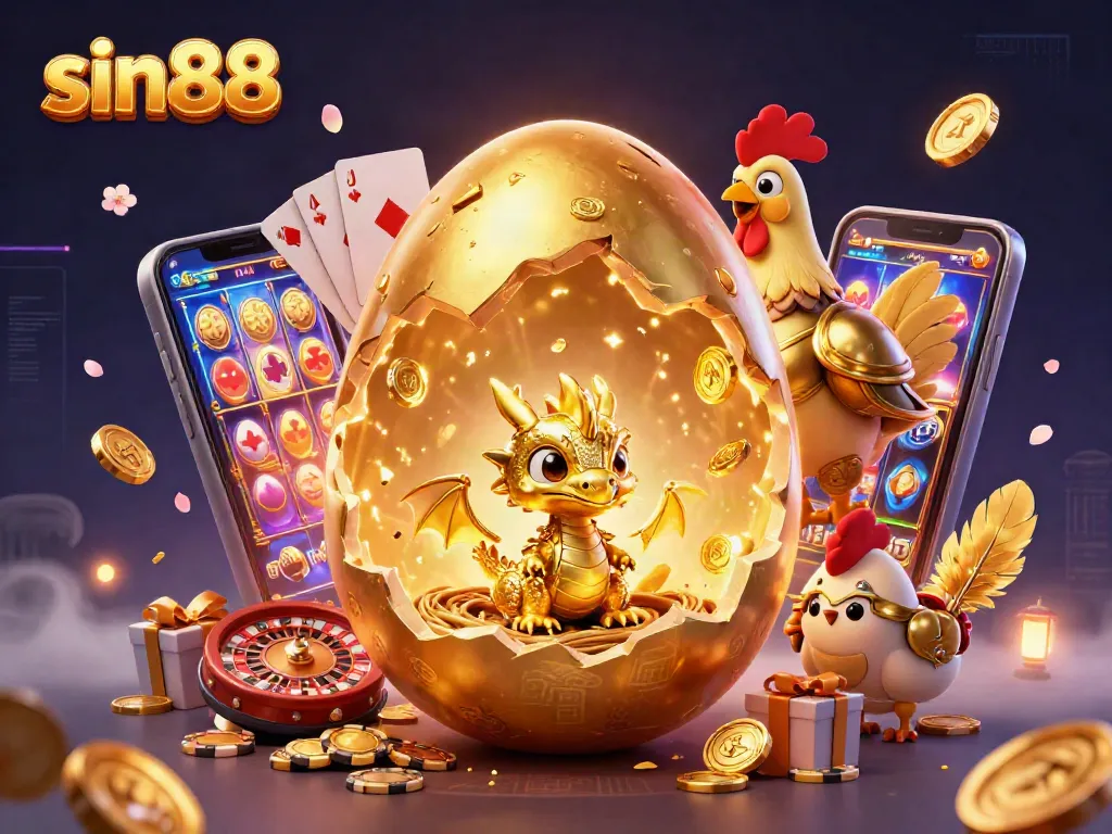 Experience an exciting casino world with sin88 as golden treasures and a baby dragon emerge from a poker chip nest.