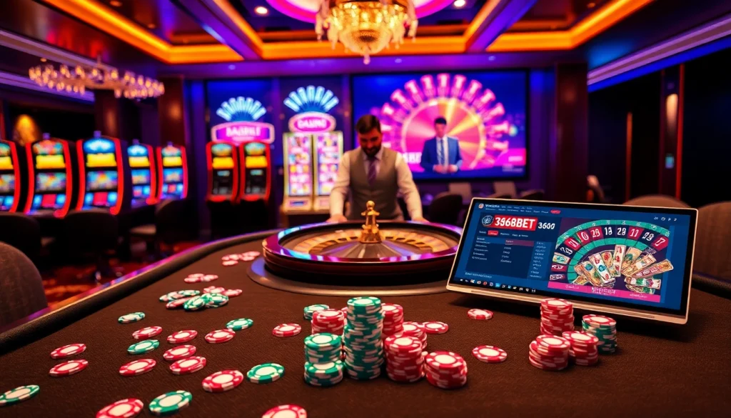 Experience the thrill of gambling at 368BET with vibrant casino tables and slot machines.