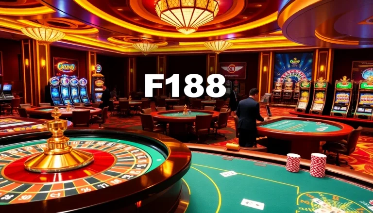 Experience premium gaming at F168 with vibrant casino tables and slot machines.