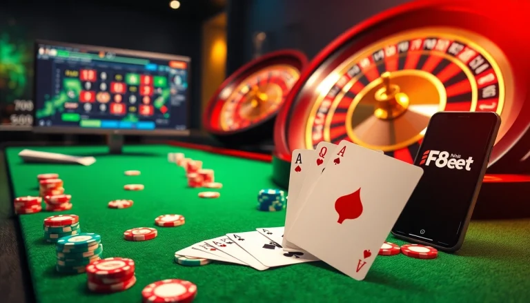 Experience the thrill of Nhà cái F8bet with vibrant casino tables, poker chips, and a spinning roulette wheel.