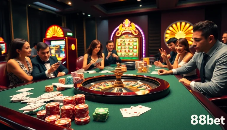 Experience high-stakes excitement at 88bet casino with colorful poker chips and a roulette wheel.