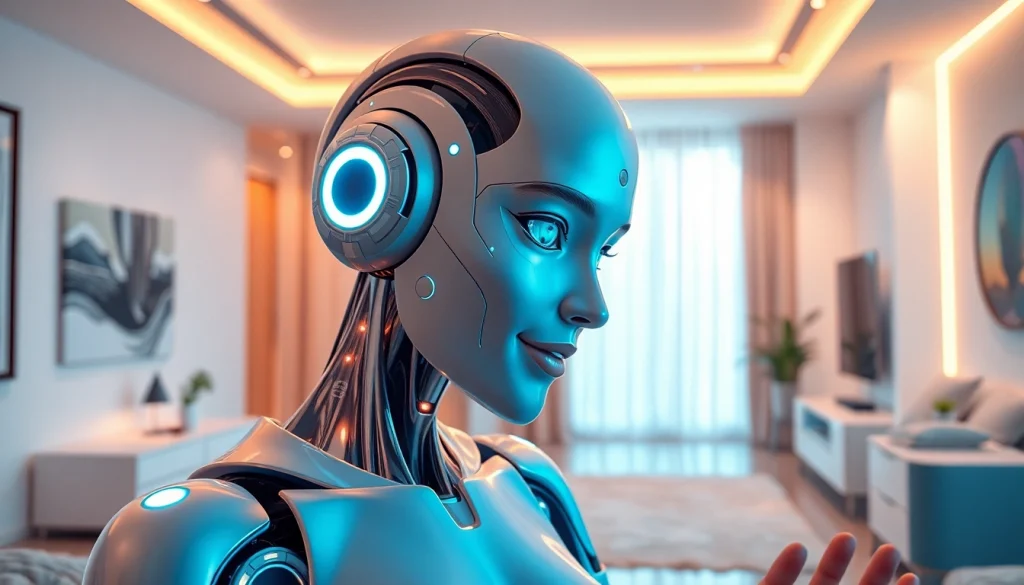 AI sex bot interacting in a futuristic, inviting apartment setting.