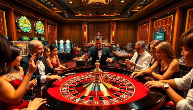 Players enjoying high-stakes gaming at tr88 casino, featuring stylish roulette and slot machines.