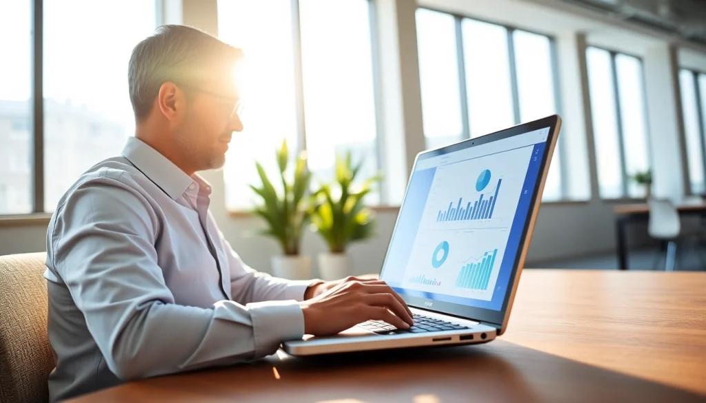 Professionnel d’affaires engagé dans la vérification des e-mails à l’aide d’un ordinateur portable dans un bureau moderne, affichant des analyses.