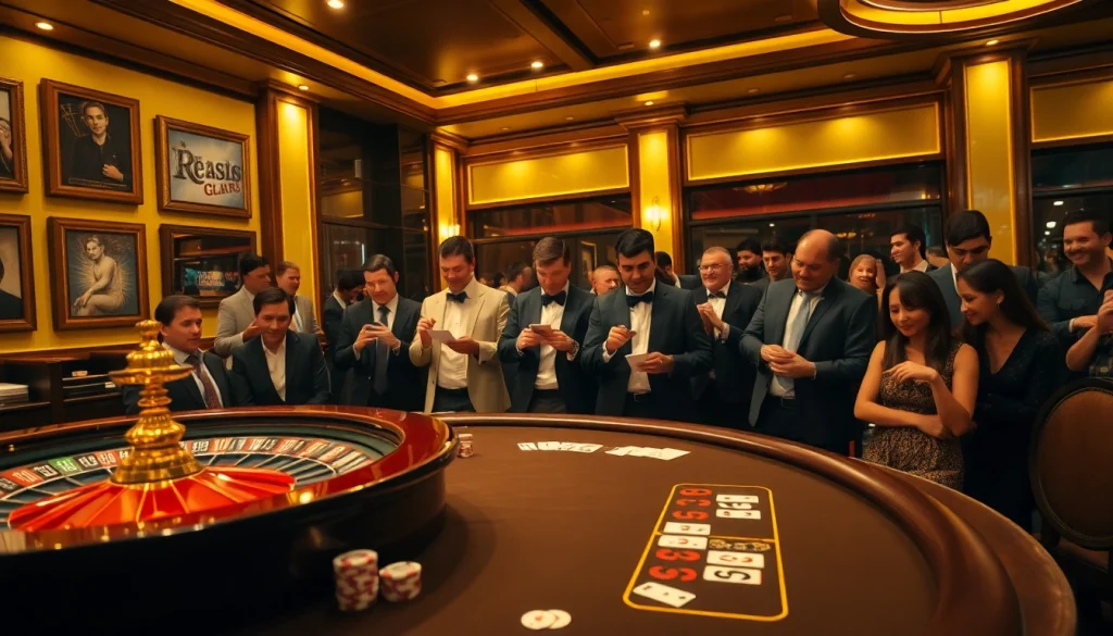 Players enjoying a luxurious gaming experience at 888b casino, with poker and roulette tables.