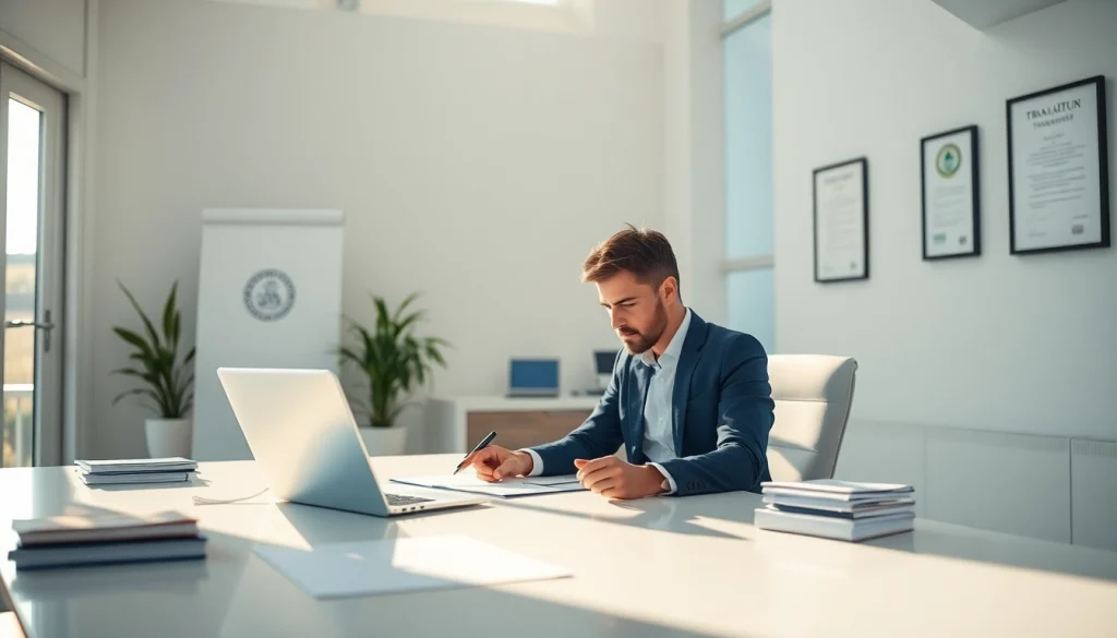 Un traducteur assermenté professionnel traduisant des documents juridiques dans un bureau moderne.