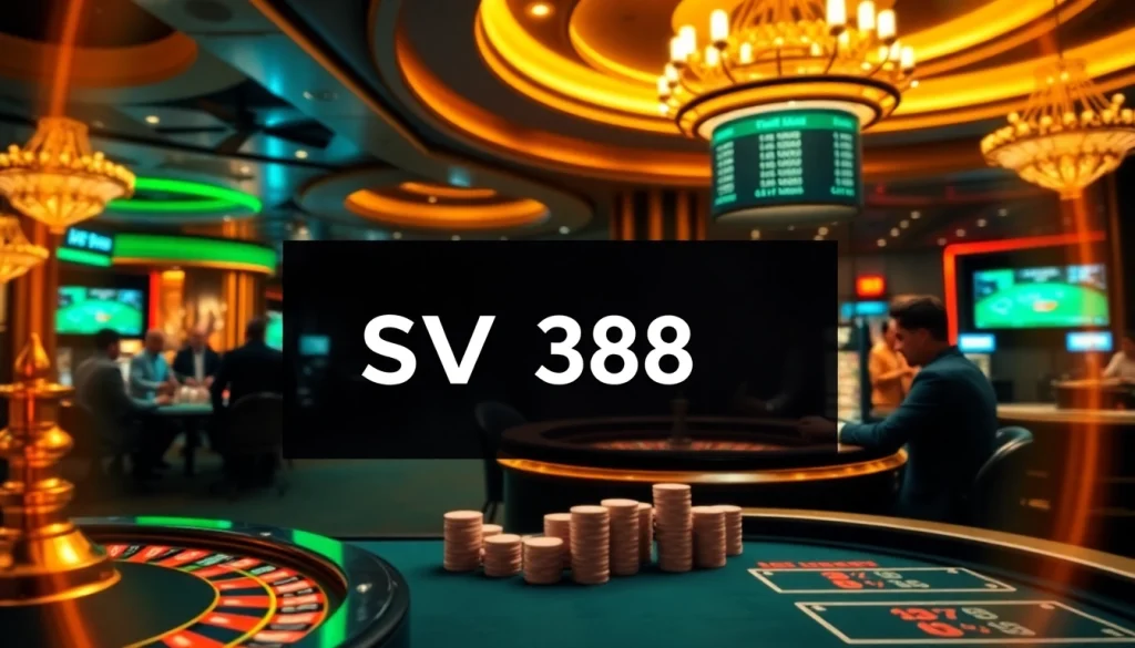 Thrilling casino scene highlighting SV388 with poker chips and roulette wheel, capturing excitement.