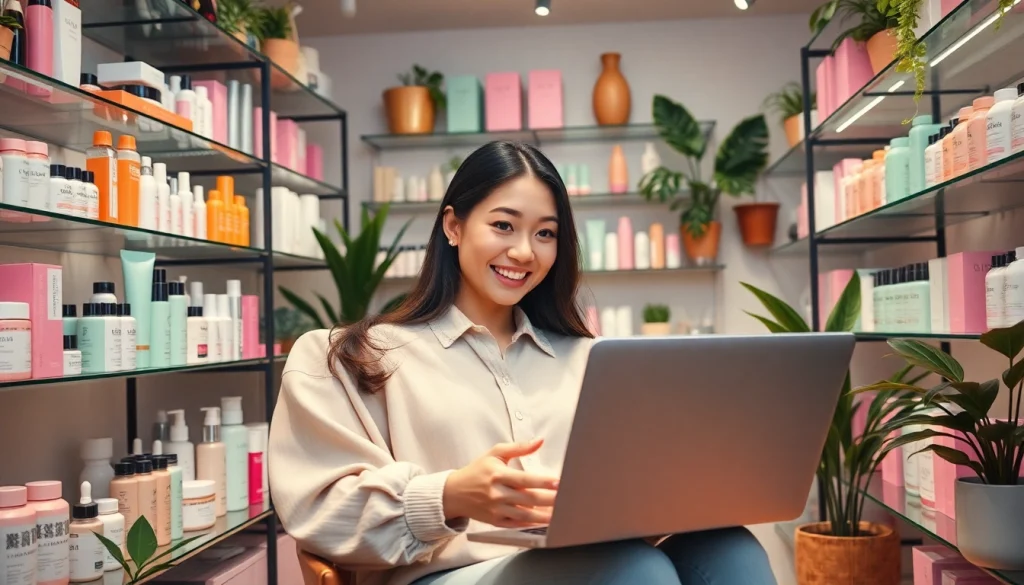 K-beauty onlinehandelns köpupplevelse som visar populära koreanska hudvårdsprodukter i en livlig, inbjudande miljö.