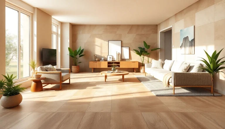 Intérieur élégant présentant un carrelage au sol dans des tons terreux.