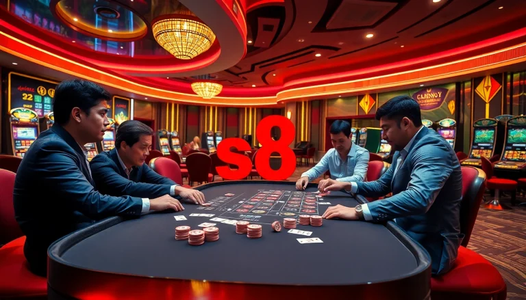 Players at a casino table focusing on an intense game while interacting with the S8 online interface.
