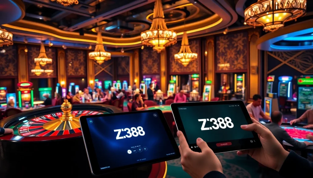 ZB368 casino players enjoying action at roulette and poker tables in a luxurious setting.