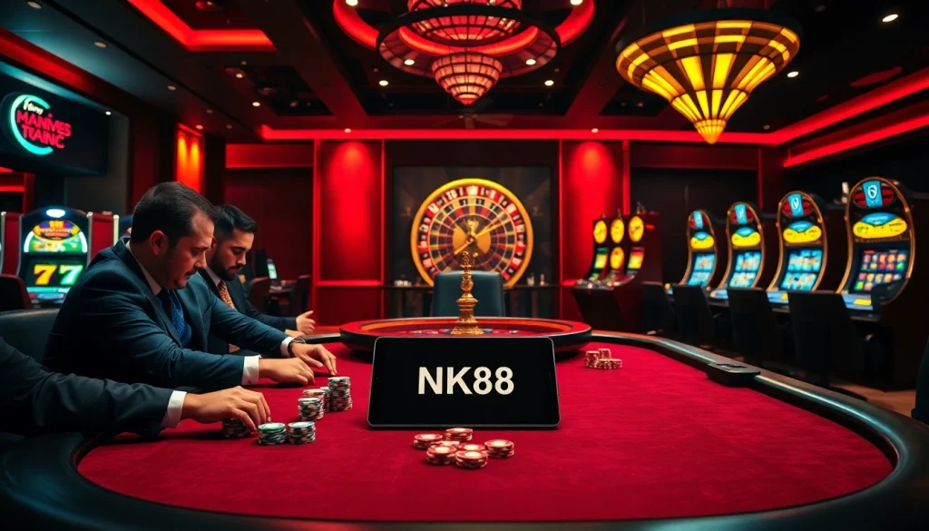 Players at an NK88 poker table enjoy an exciting game with vibrant chips and a modern casino atmosphere.