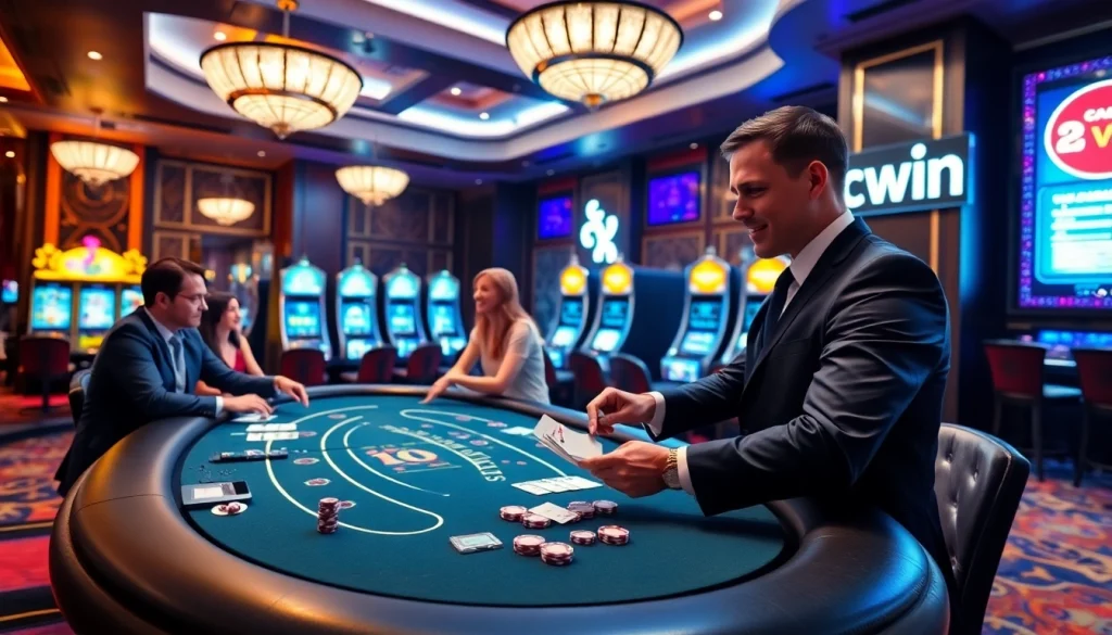 Players engaging in blackjack at CWIN-themed casino tables, capturing high-stakes excitement.