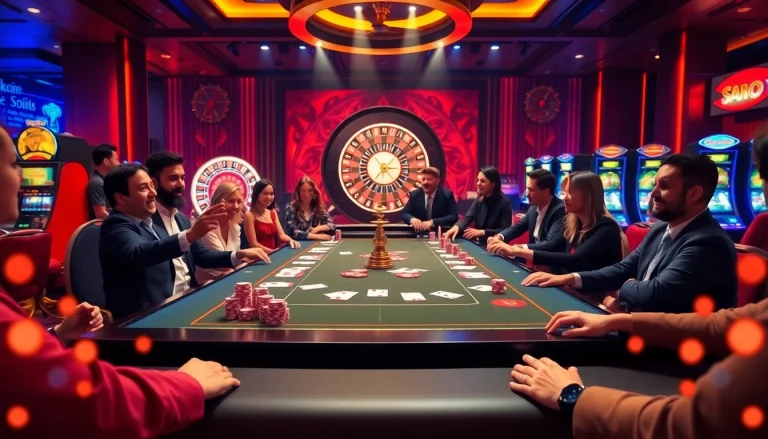 Players engaging with vibrant casino tables at SAO BET, showcasing poker chips and roulette.