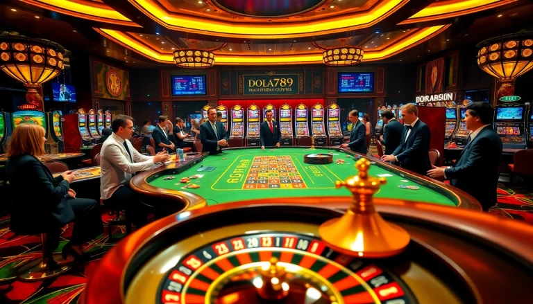Excited players engage at the DOLA789 casino table, showcasing luxury gaming and thrilling bets.