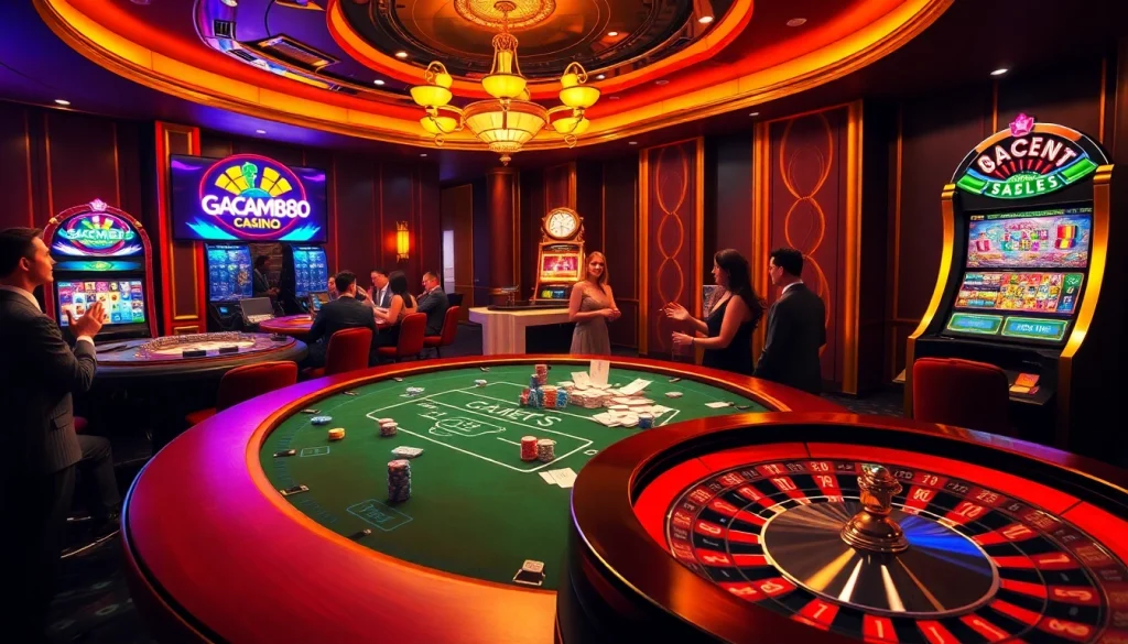 Experiencing high-stakes poker at GACAM888's luxurious casino with vibrant gaming elements.
