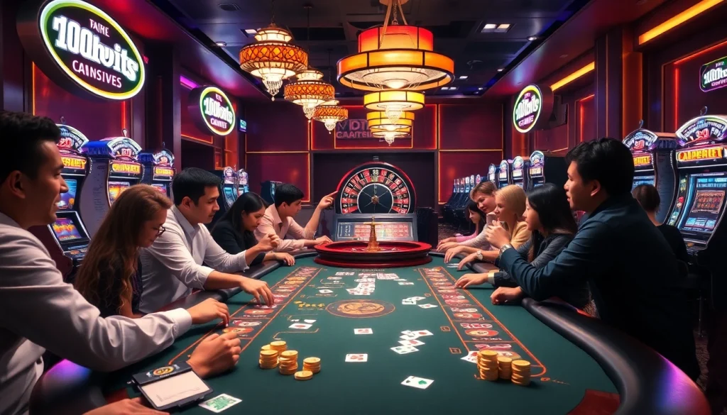 Nohu players gather around a vibrant poker table, capturing the excitement of casino gaming.