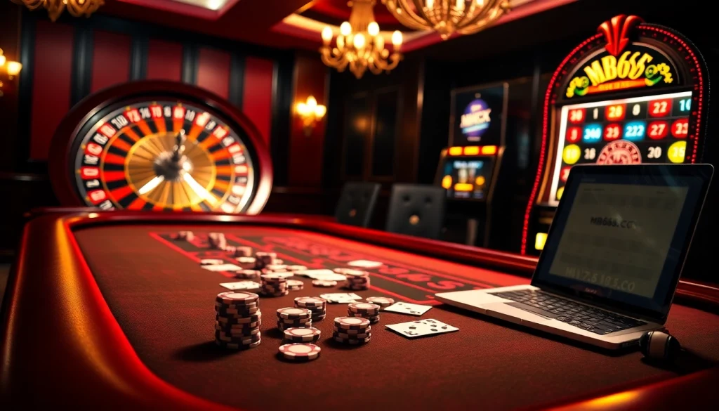 Experience the excitement of winning at https://mb668.co/ with a luxurious casino scene featuring poker chips and a roulette wheel.