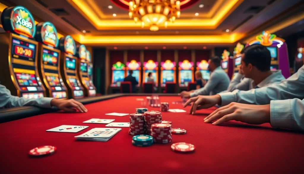 Exciting gambling atmosphere at Trang chủ X88 with poker chips and vibrant casino games.