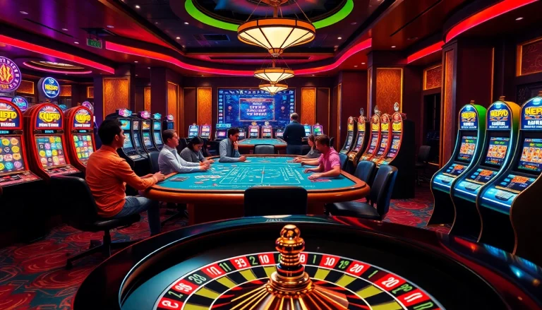 Players enjoying a spirited game at a crypto casino with vibrant slot machines and roulette.