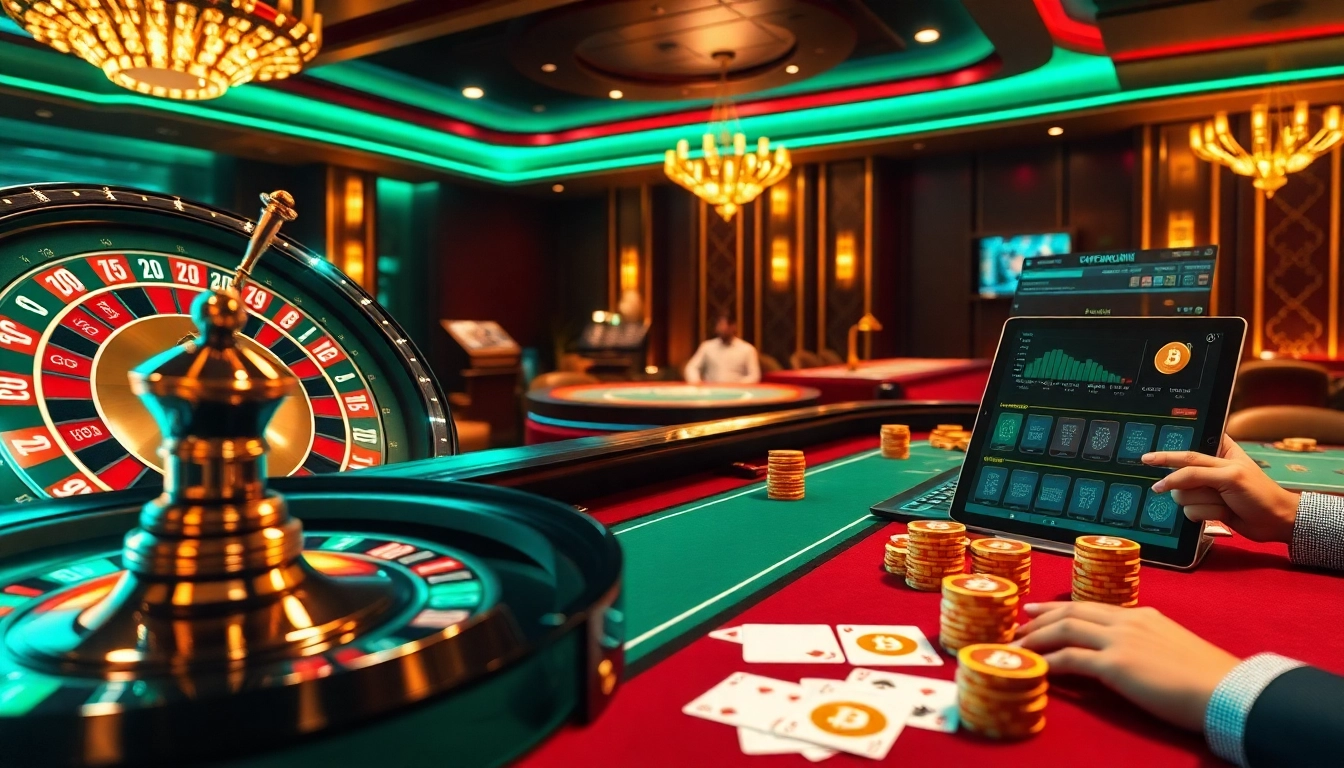 Casino crypto enthusiasts engaging at a vibrant, modern casino table with bitcoin chips and an online gambling interface.