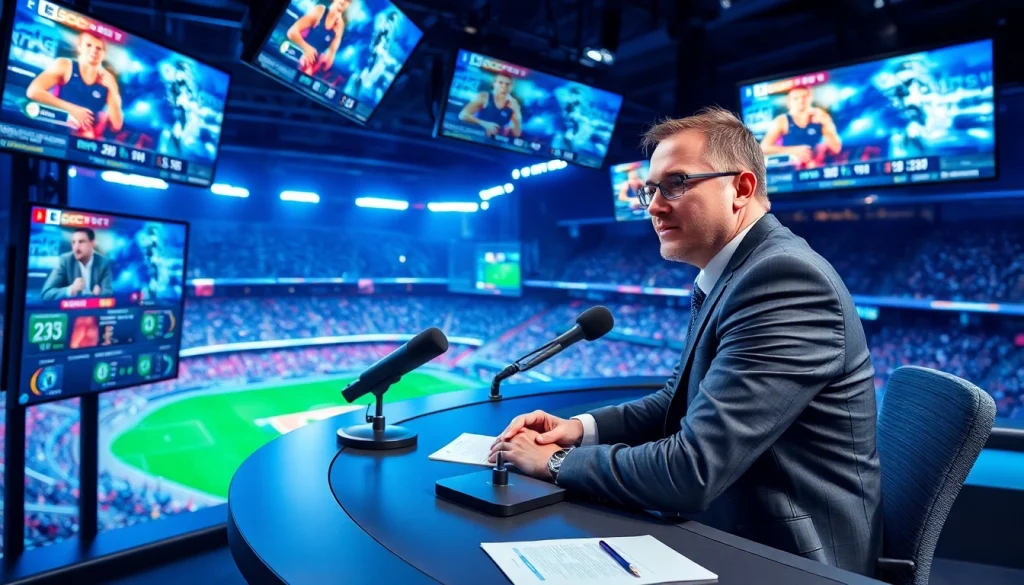 Engaging sports broadcasting scene with a commentator passionately reporting live games and statistics.