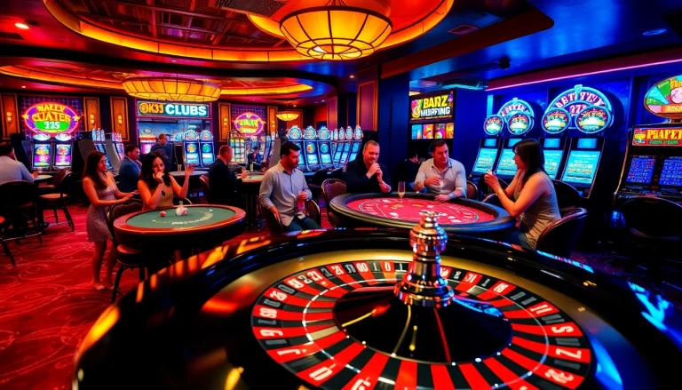 Gamblers enjoying the dynamic gaming environment of Bk33 club with poker tables and slot machines.