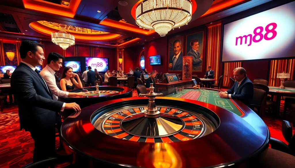 Experience the excitement of mm88 kjc at a lively casino table with players and dramatic roulette.