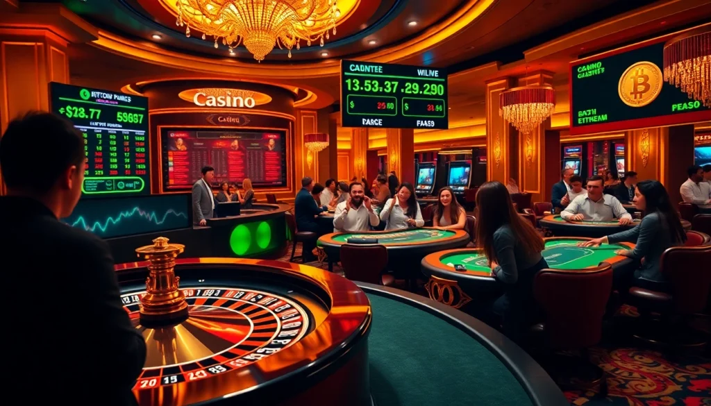 Exciting casino crypto gaming scene showcasing roulette, poker, and crypto symbols.