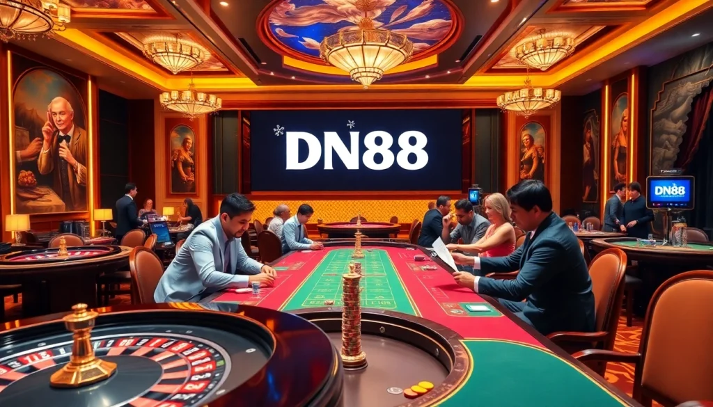 Players engaging in high-stakes gambling at a luxurious casino featuring DN88 highlights.
